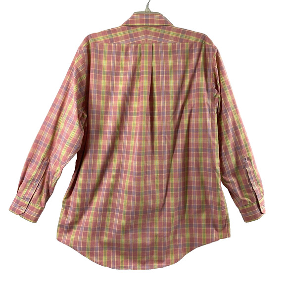 Lands' End Mens Shirt Size 16 1/2- 33 No Iron Pink Plaid Button Down Long Sleeve - Picture 2 of 8